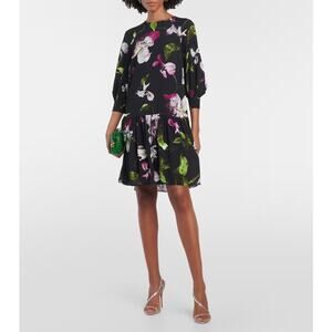 Erdem Floral Crêpe Mini Dress Long Sleeve Black Purple Iris sz US 10